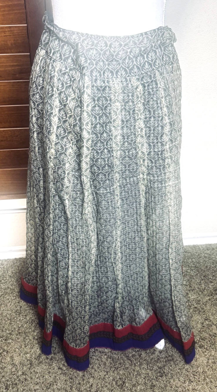 Indian Ethnic Long Maxi Skirt Boho Hippie gray paisley drawstring waist tribal‎